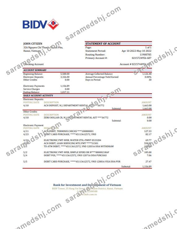 Vietnam BIDV bank statement, Excel and PDF template